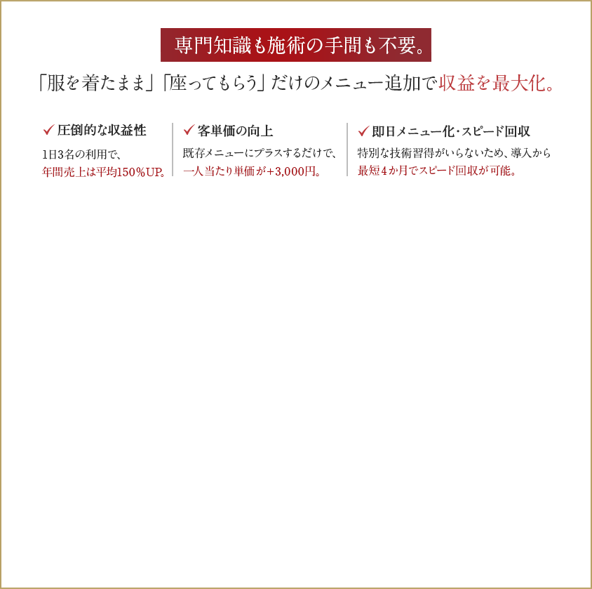 専門知識も施術の手間も不要 「服を着たまま」「座ってもらう」だけのメニュー追加で収益を最大化